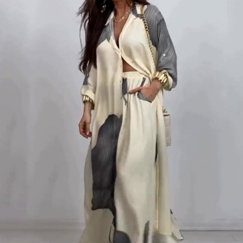 Conjunto de camisa larga con botón retorcido y pantalón con cordón-ES