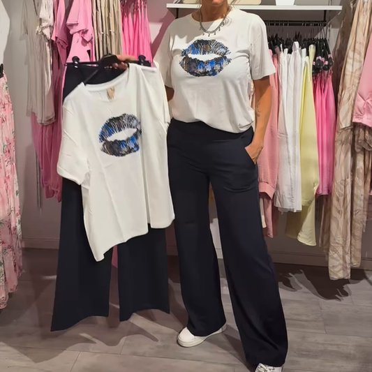 Conjunto de dos piezas para mujer con estampado, top y pantalón.-ES