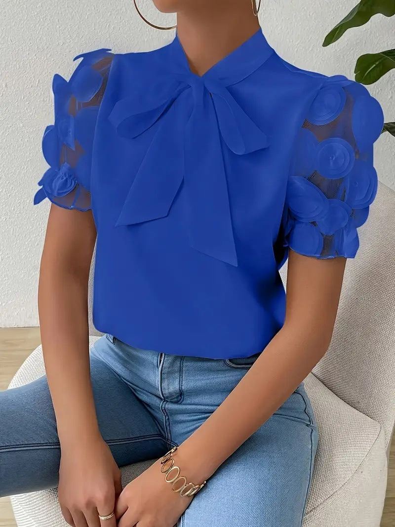 Camisa de verano, lisa, de encaje y con forma de lazo, con mangas cortas.-ES