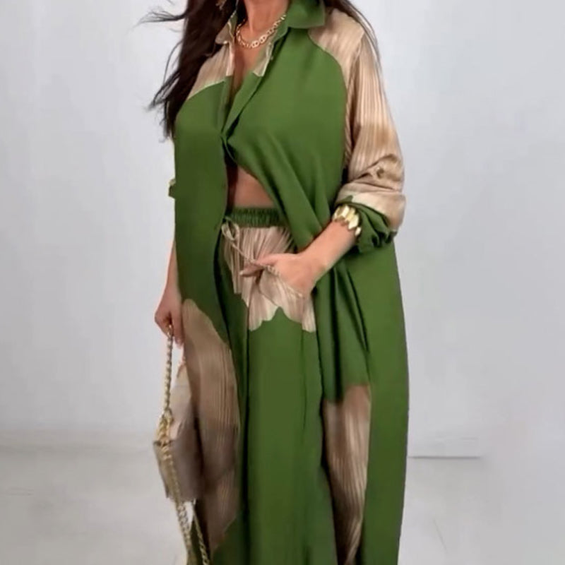 Conjunto de camisa larga con botón retorcido y pantalón con cordón-ES