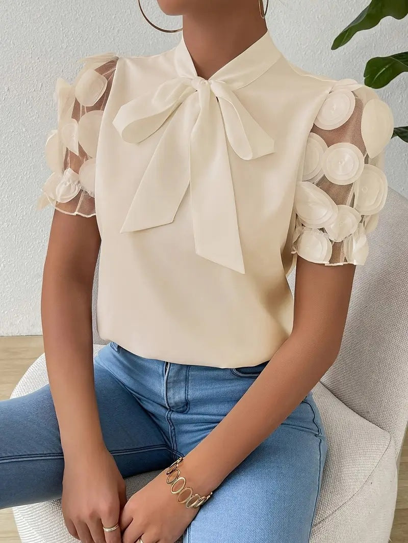 Camisa de verano, lisa, de encaje y con forma de lazo, con mangas cortas.-ES