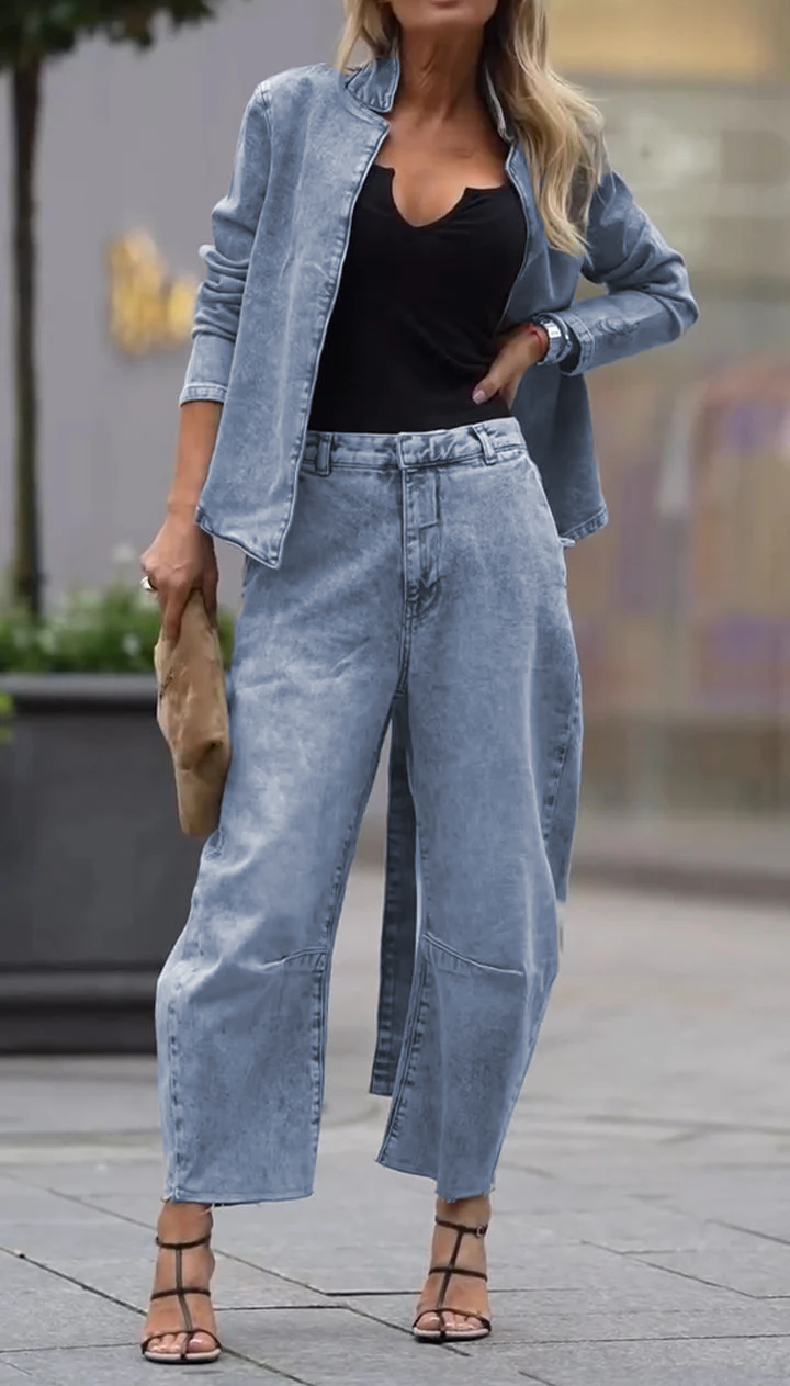 Conjunto casual de abrigo y pantalón de cuello redondo para mujer-ES