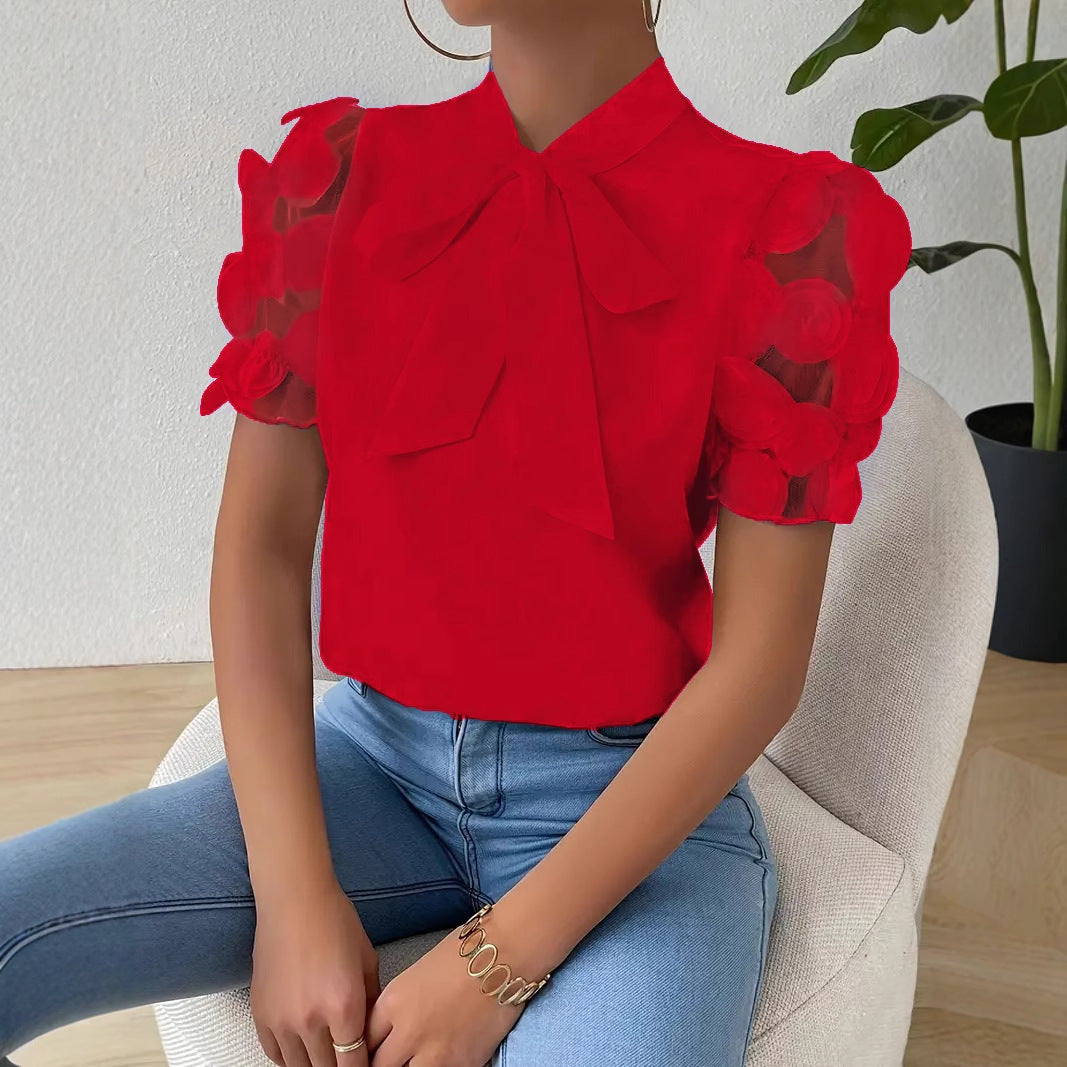 Camisa de verano, lisa, de encaje y con forma de lazo, con mangas cortas.-ES