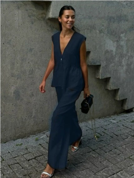 Conjunto de dos piezas para mujer en algodón liso, escote en pico, sin mangas, blusa y pantalón.-ES