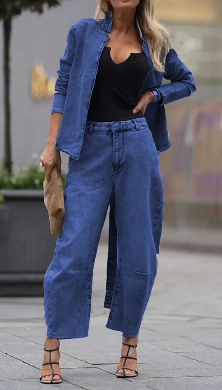 Conjunto casual de abrigo y pantalón de cuello redondo para mujer-ES