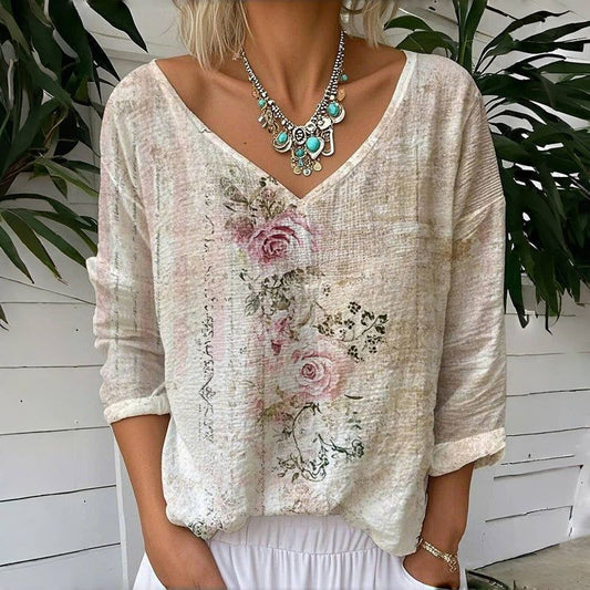 Camiseta holgada con estampado y cuello en pico-ES