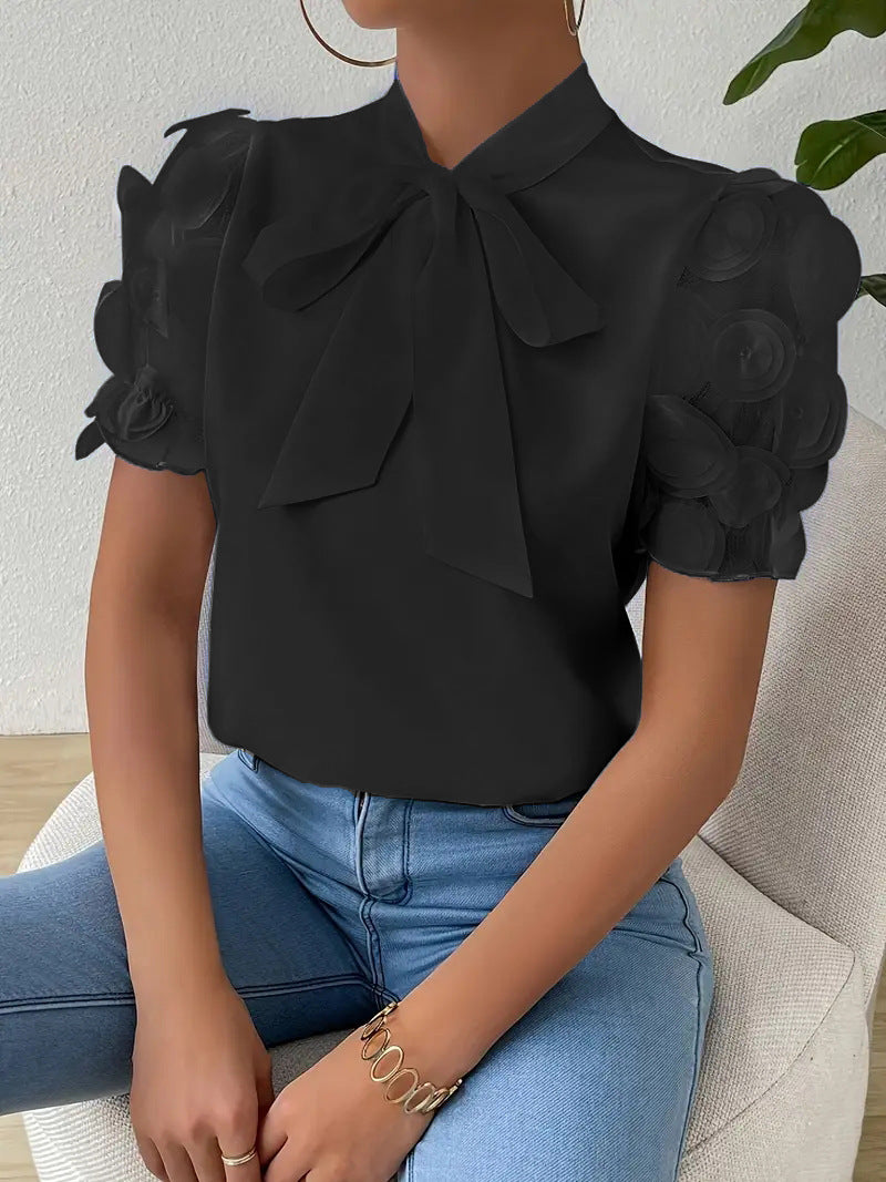 Camisa de verano, lisa, de encaje y con forma de lazo, con mangas cortas.-ES