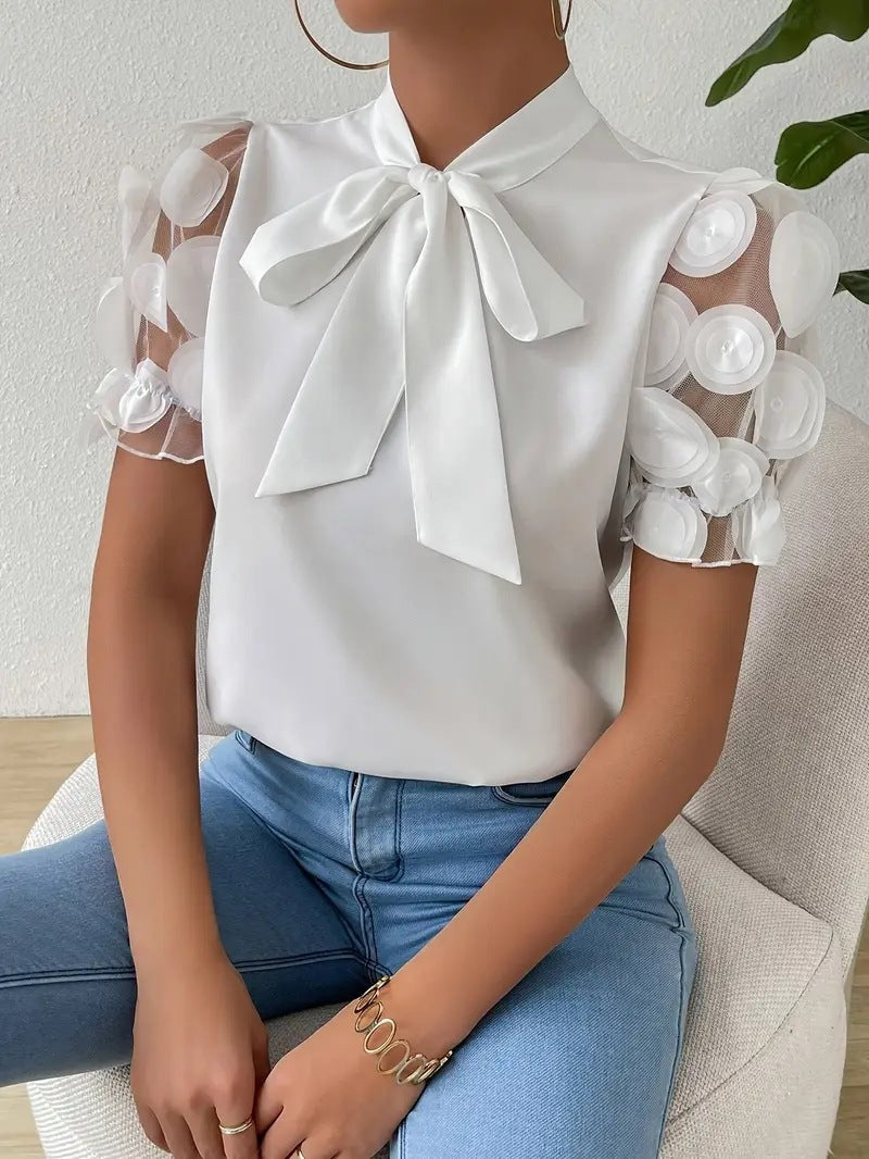 Camisa de verano, lisa, de encaje y con forma de lazo, con mangas cortas.-ES