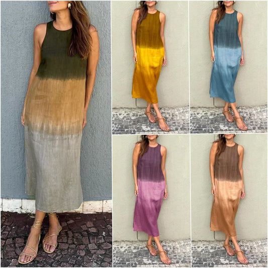 🌸Vestido de algodón y lino de manga larga con corte-ES