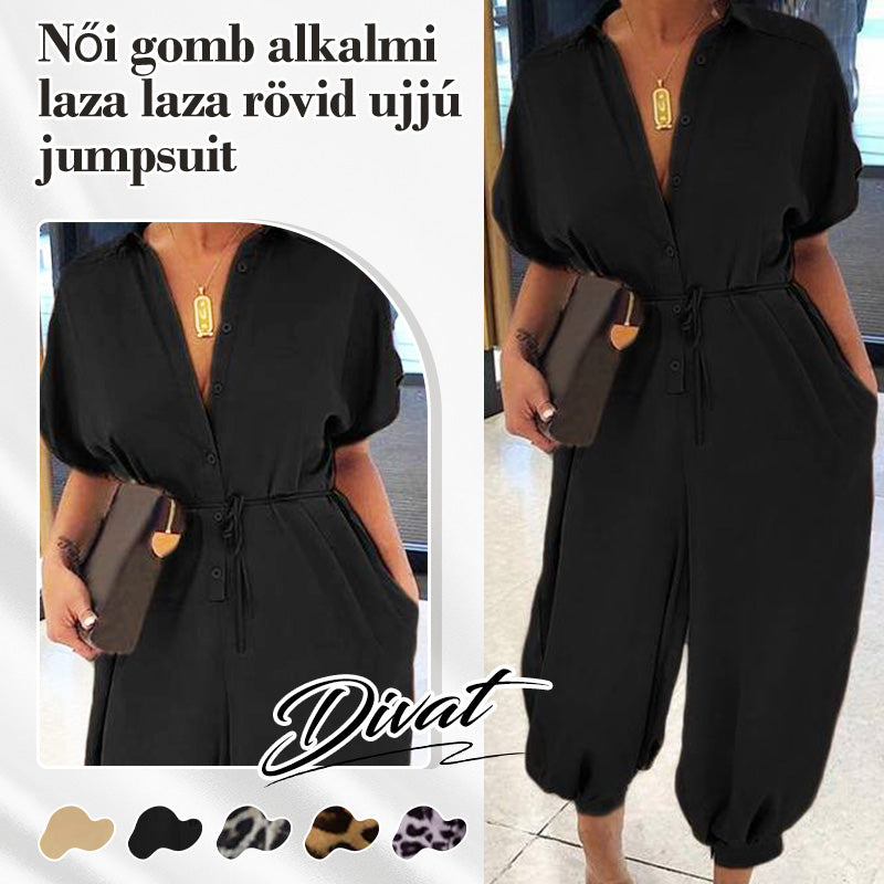 💜✨Γυναικεία ολόσωμη φόρμα με κουμπιά, φαρδιά γραμμή και κοντό μανίκι-GR