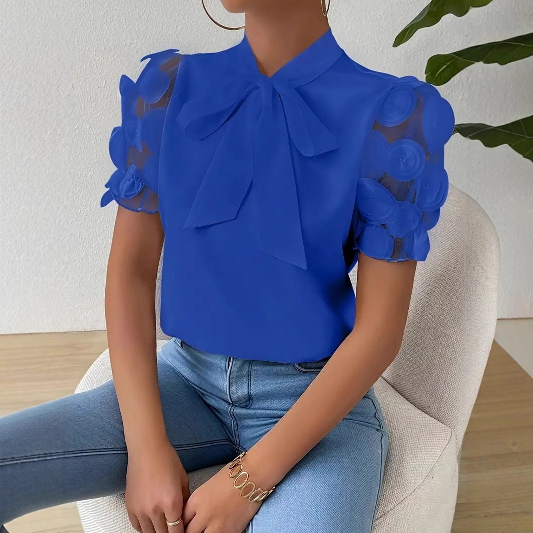 Camisa de verano, lisa, de encaje y con forma de lazo, con mangas cortas.-ES