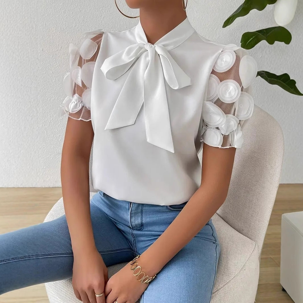 Camisa de verano, lisa, de encaje y con forma de lazo, con mangas cortas.-ES