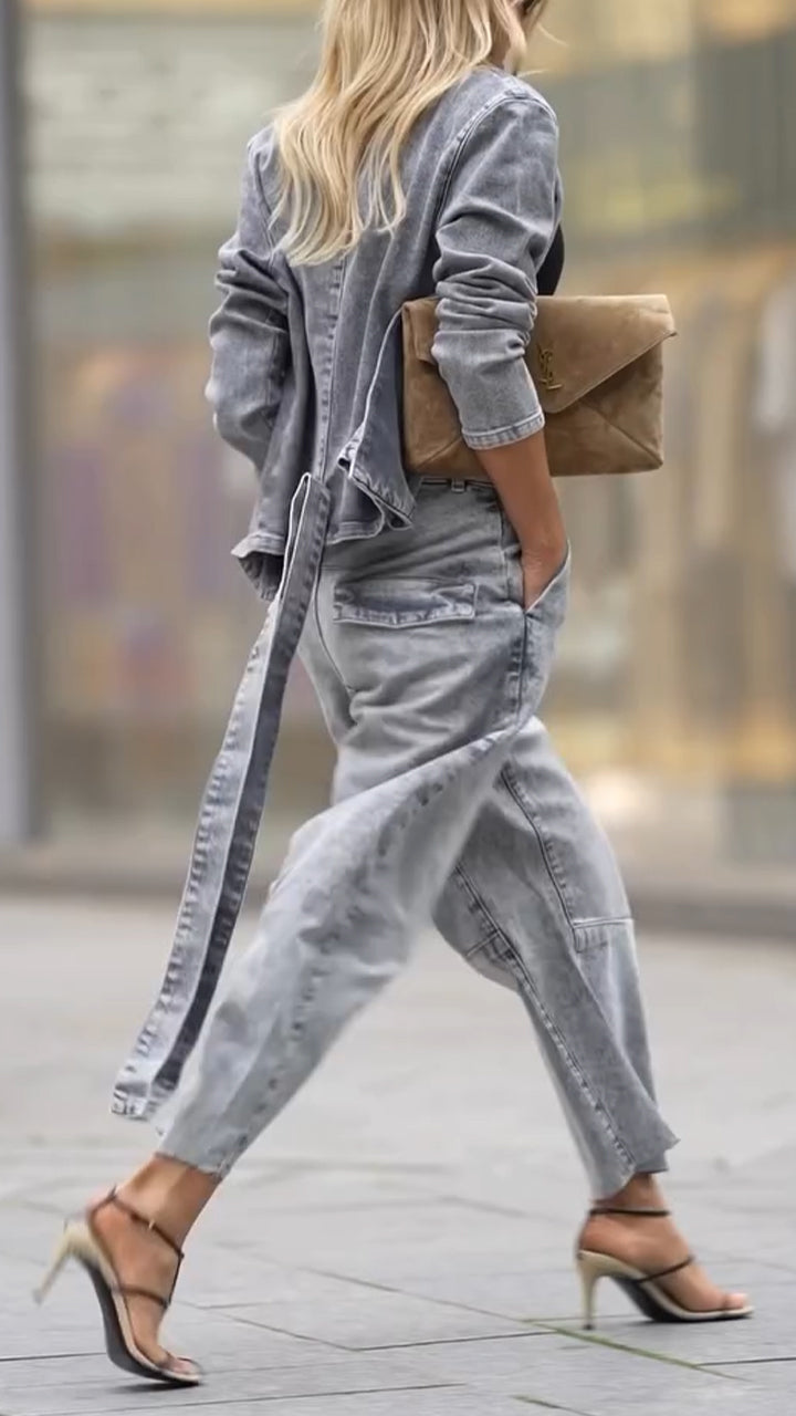 Conjunto casual de abrigo y pantalón de cuello redondo para mujer-ES