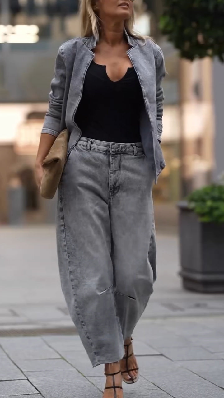 Conjunto casual de abrigo y pantalón de cuello redondo para mujer-ES