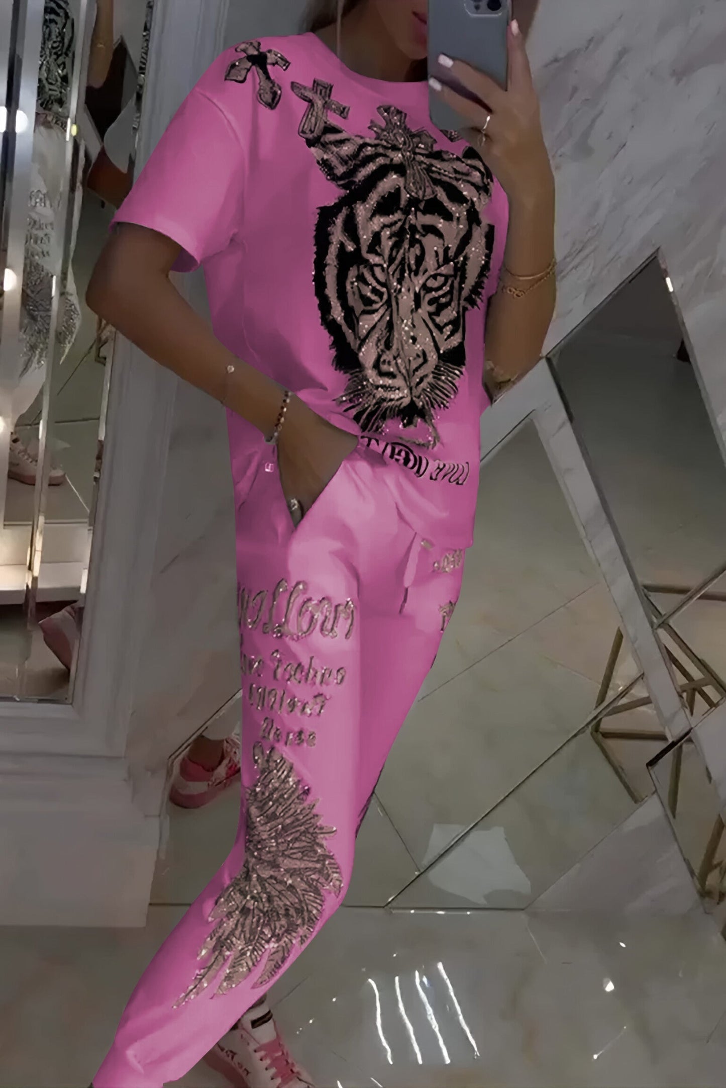 Conjunto de dos piezas para mujer, top y pantalón con estampado de rombos moderno.-ES