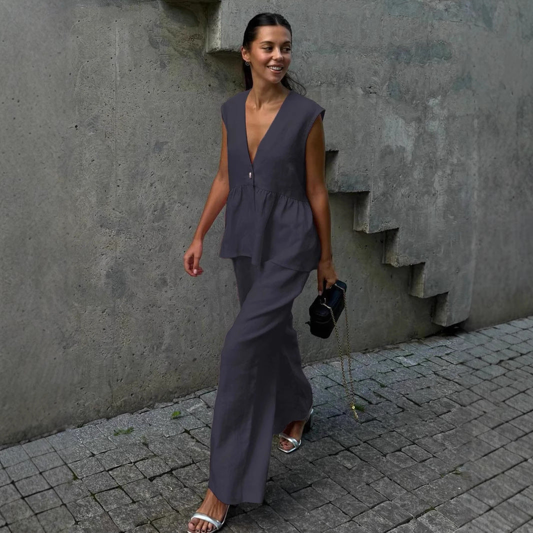 Conjunto de dos piezas para mujer en algodón liso, escote en pico, sin mangas, blusa y pantalón.-ES