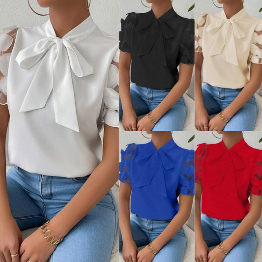 Camisa de verano, lisa, de encaje y con forma de lazo, con mangas cortas.-ES