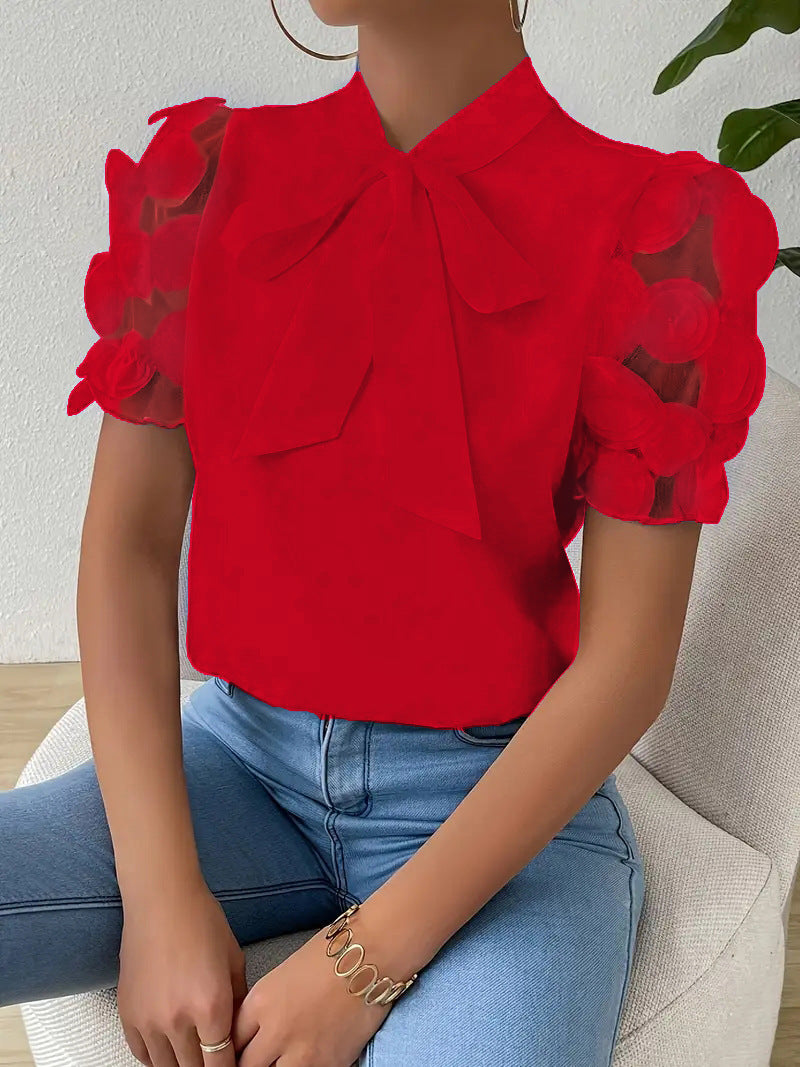 Camisa de verano, lisa, de encaje y con forma de lazo, con mangas cortas.-ES