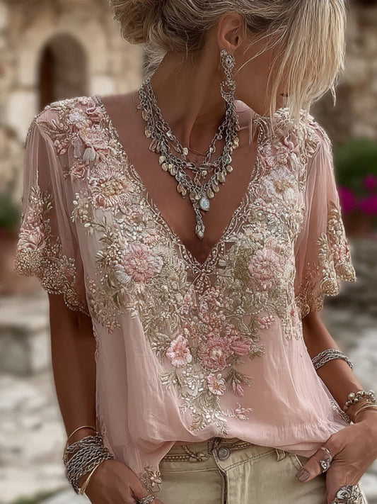 Camiseta de mujer de manga corta con cuello en V y bordado floral, confeccionada en mezcla de lino.-ES