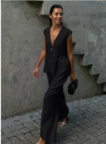 Conjunto de dos piezas para mujer en algodón liso, escote en pico, sin mangas, blusa y pantalón.-ES