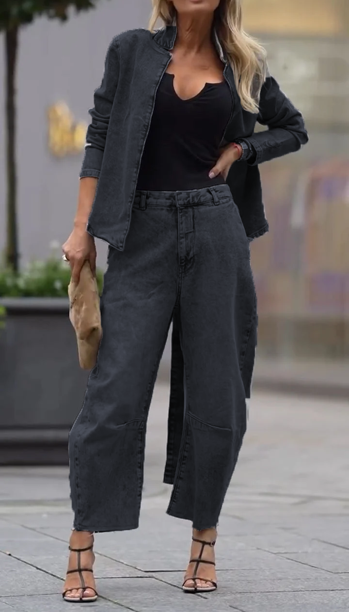 Conjunto casual de abrigo y pantalón de cuello redondo para mujer-ES