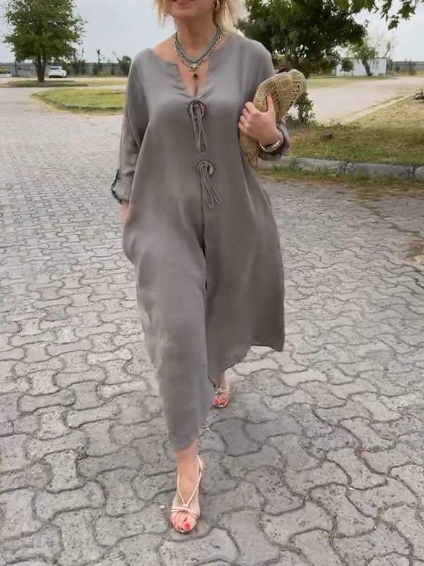 🎁👗Φόρεμα με V λαιμόκοψη από βαμβάκι και λινό-GR