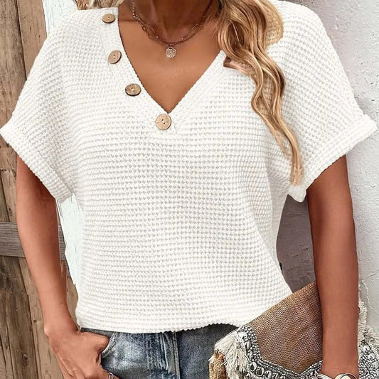 Elegante top de manga corta para mujer con escote en punta.-ES
