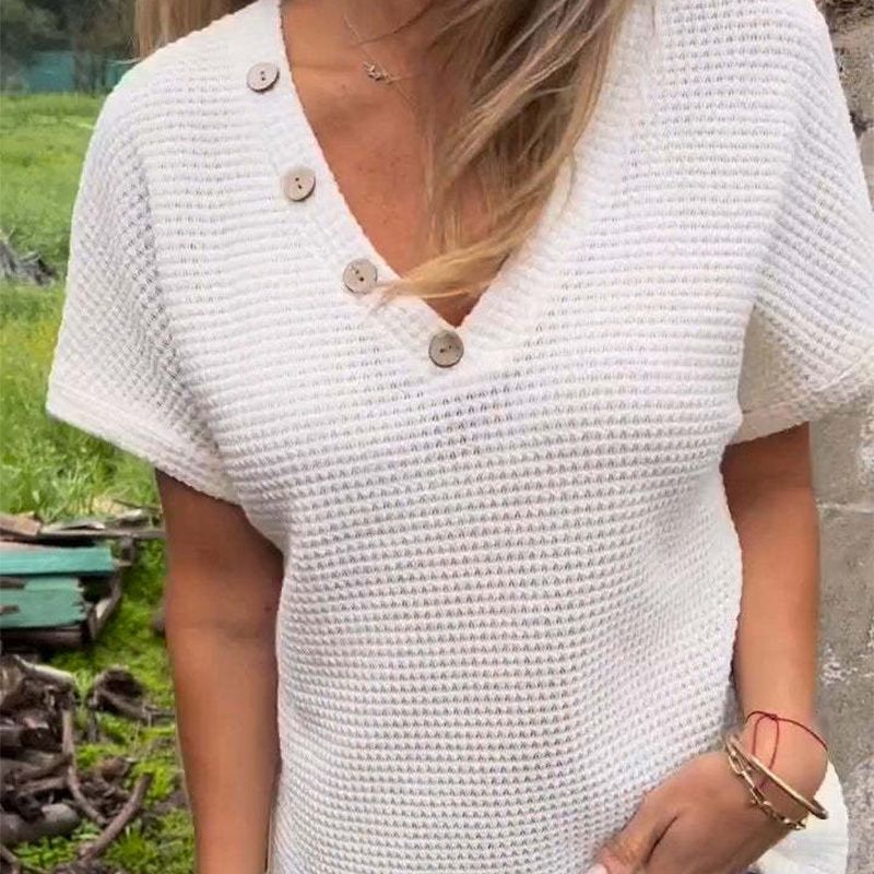 Elegante top de manga corta para mujer con escote en punta.-ES