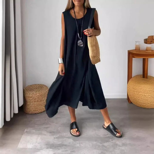 Vestido de lino, algodón, sin mangas y con bolsillos.-ES