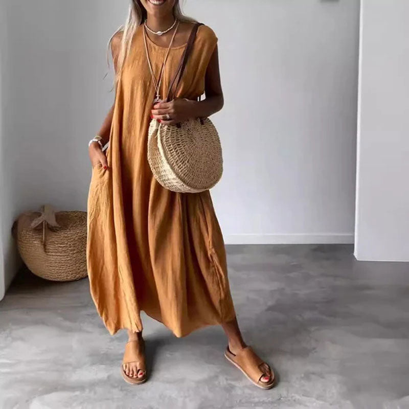 Vestido de lino, algodón, sin mangas y con bolsillos.-ES