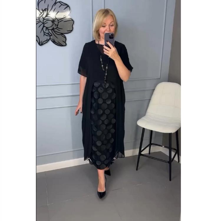 Conjunto de dos piezas de elegante vestido negro con escote en V y chaqueta irregular para mujer-ES