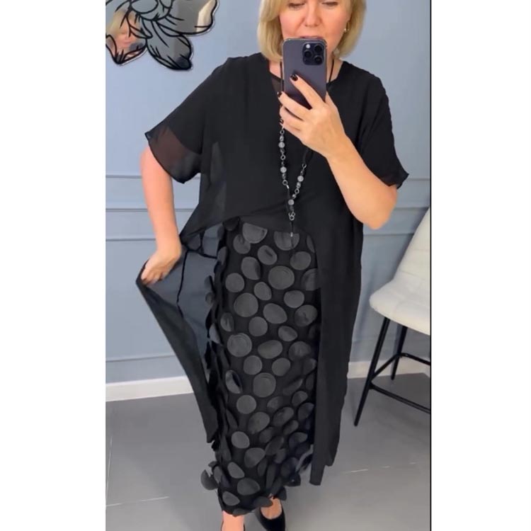 Conjunto de dos piezas de elegante vestido negro con escote en V y chaqueta irregular para mujer-ES