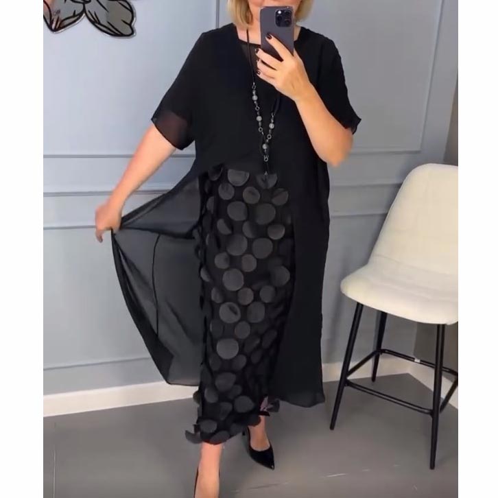 Conjunto de dos piezas de elegante vestido negro con escote en V y chaqueta irregular para mujer-ES