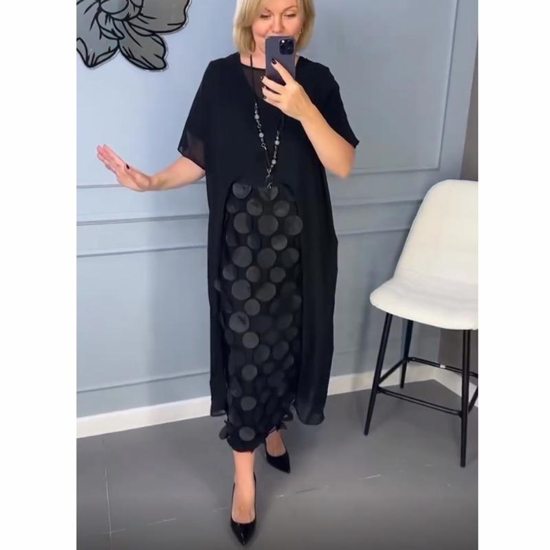 Conjunto de dos piezas de elegante vestido negro con escote en V y chaqueta irregular para mujer-ES