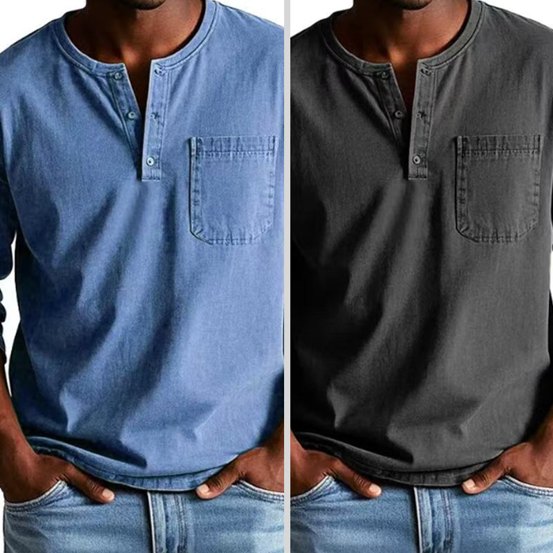 Camisa vintage de manga larga con bolsillo para hombre-ES
