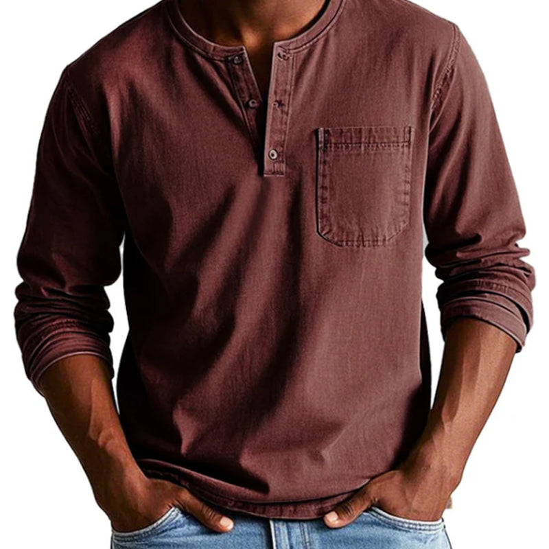 Camisa vintage de manga larga con bolsillo para hombre-ES