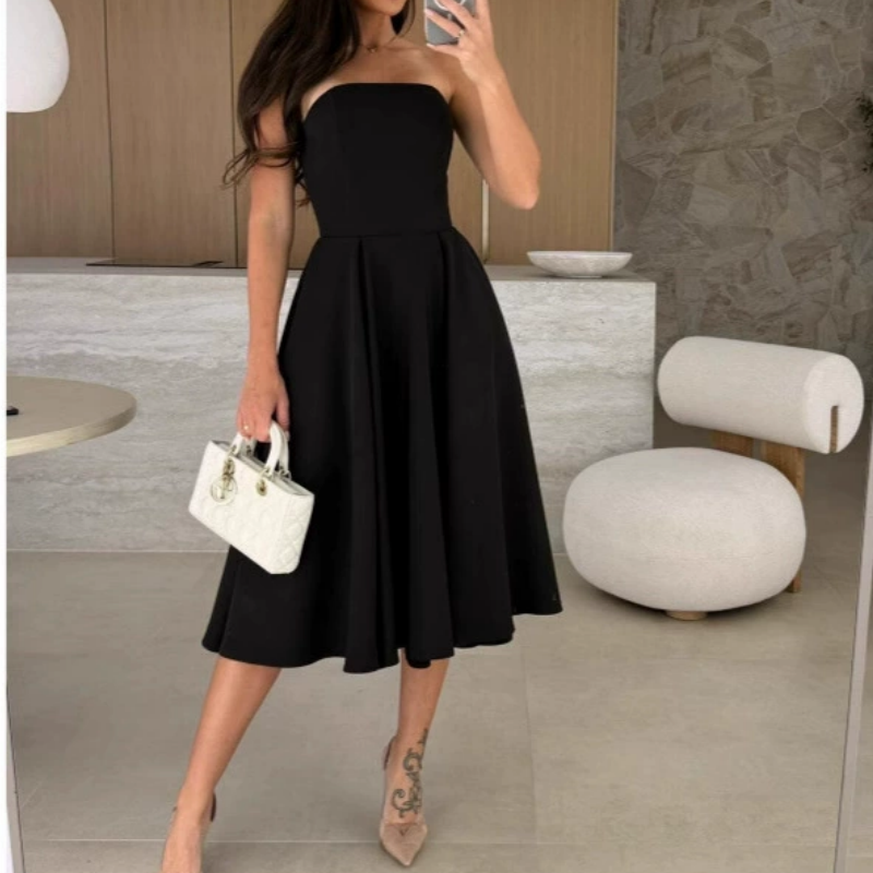 Elegante vestido midi sin tirantes de color liso-ES