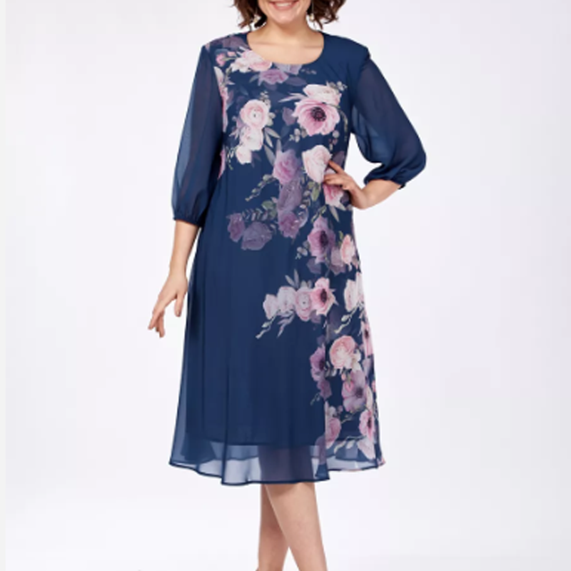 Elegante vestido de gasa con estampado floral y escote redondo.-ES