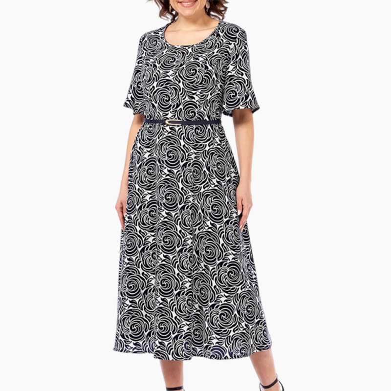 Elegante vestido largo estampado con cinturón-ES