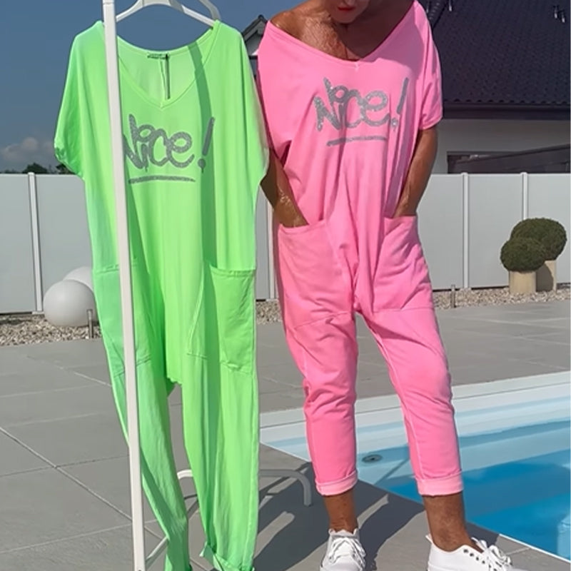 💖【S~5XL】Su kišenėmis moteriškas raštuotas plius dydžio laisvalaikio kombinezonas-LT