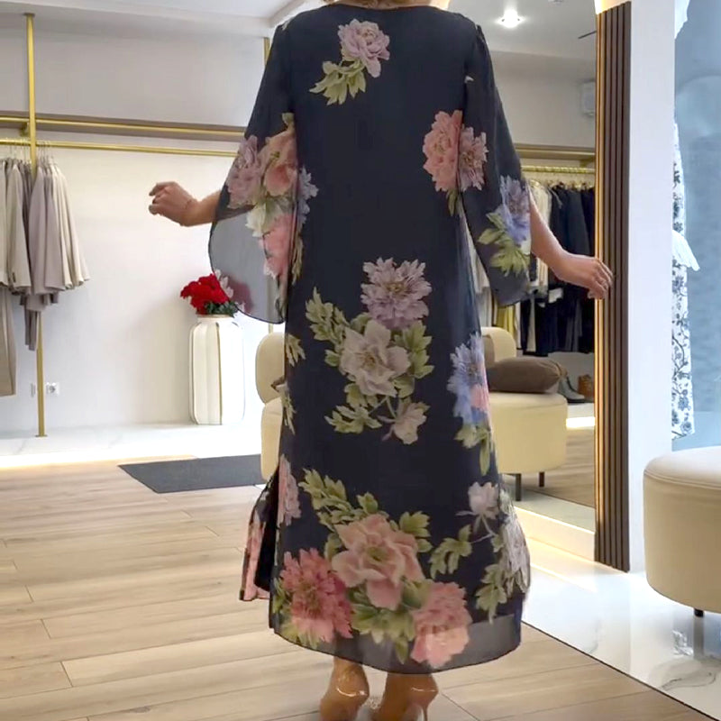 Elegante vestido largo de mujer con estampado en el cuello.-ES