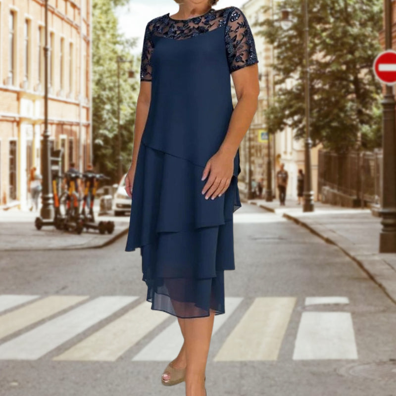 💖 [S-3XL] 👗✨️ Γυναικείο Φόρεμα Midi σε Α γραμμή με στρώσεις και διχτυωτό ύφασμα-GR